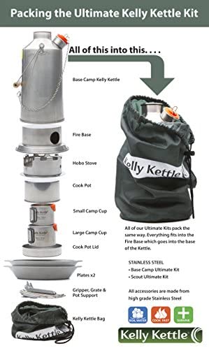 Kelly Kettle Ultimate Scout Kit 41 oz. Stainless Steel Camp Kettle, Lightweight Camping Kettle with Whistle, Camp Stove for Fishing, Hunting, Hiking, Survival Gear