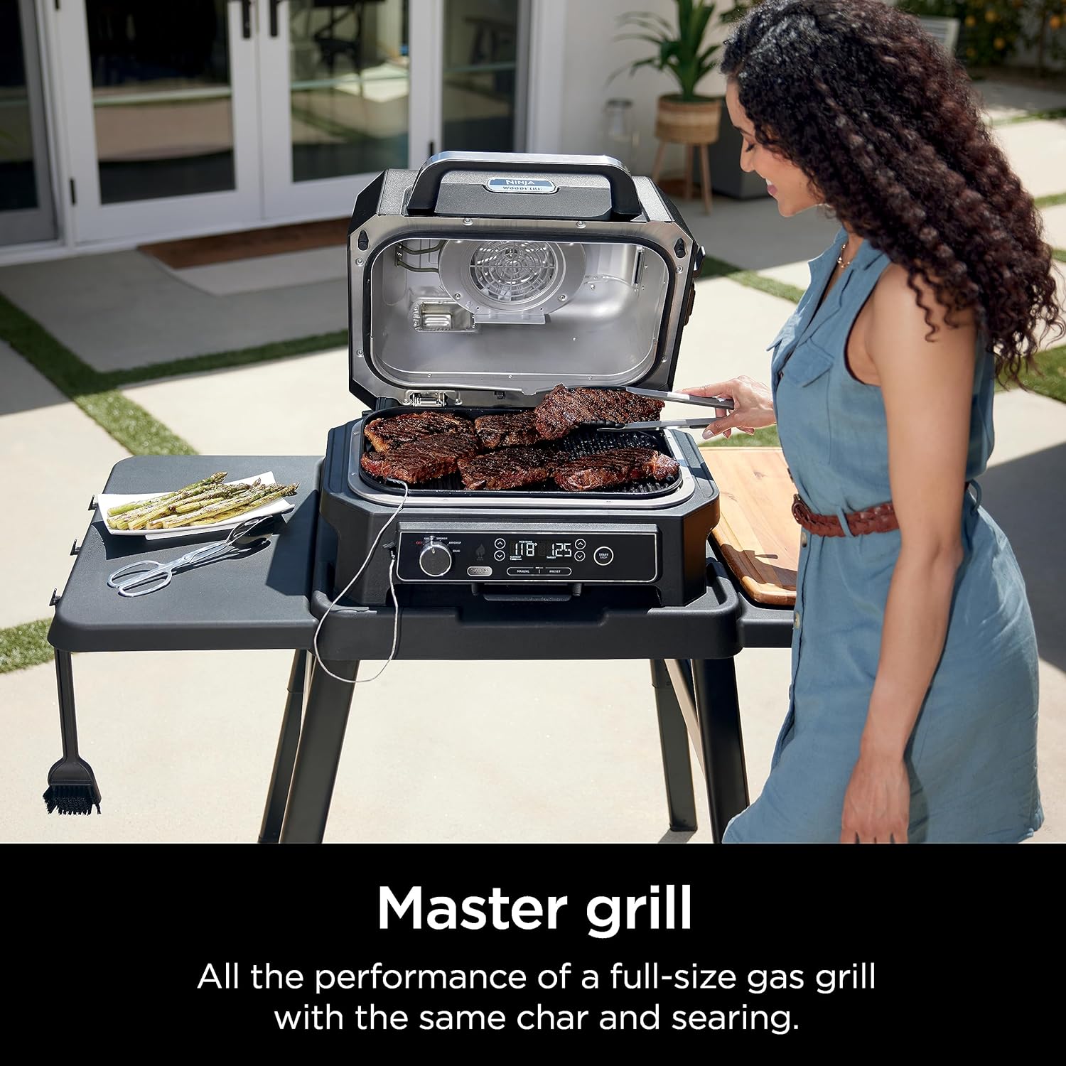 7-in-1 Grill & Smoker with Thermometer, Air Fryer, BBQ, Bake, Roast, Broil – Portable Electric Outdoor Grill, Grey