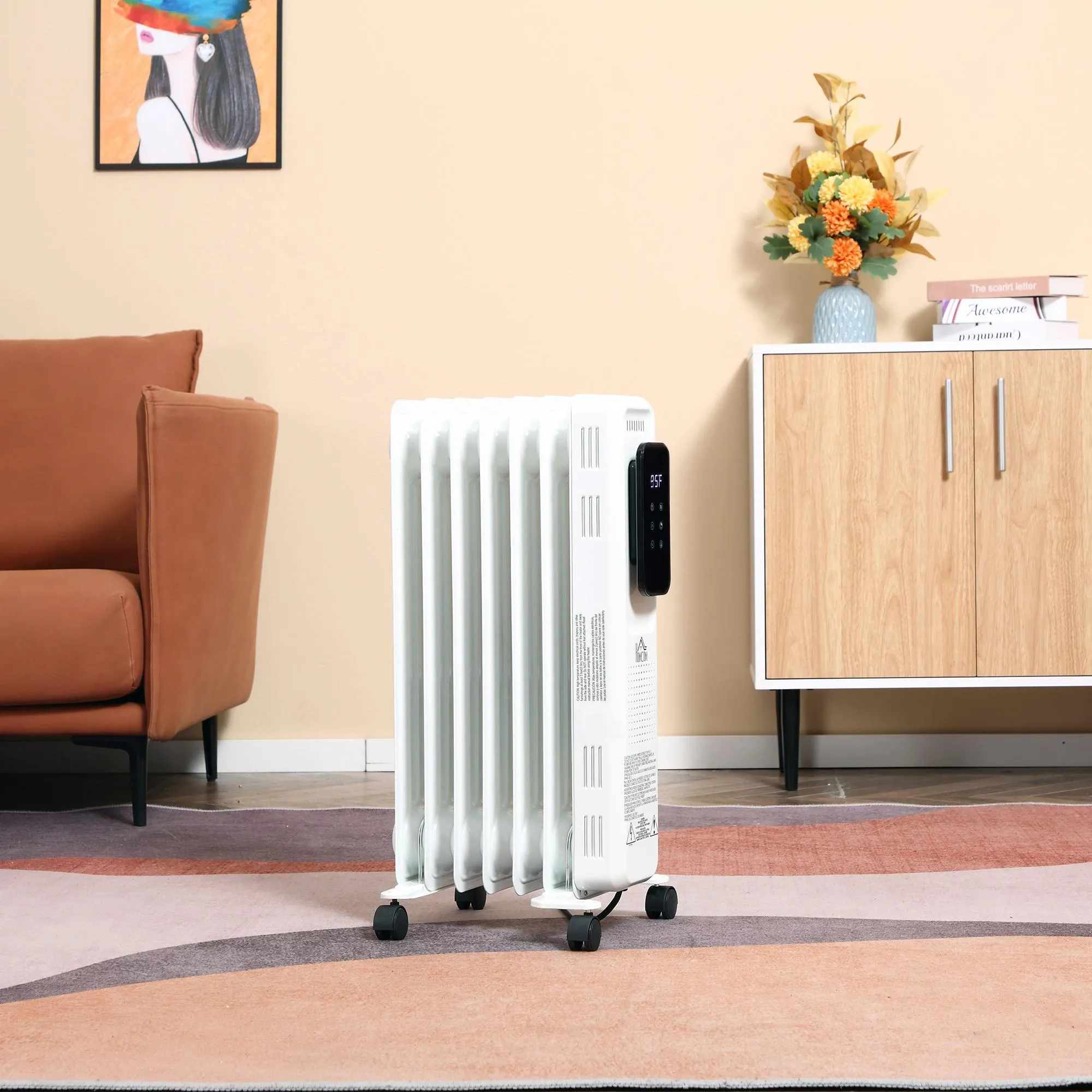 Carevas 1500W 7-Fin Oil Filled Radiator Electric Space w/ Remote & Wheels, White