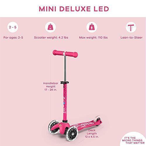 Micro Kickboard – Mini Deluxe LED – Three Wheeled, Lean-to-Steer Swiss-Designed Micro Scooter for Toddlers & Children with Motion-Activated Light-Up Wheels for Ages 2-5 (Pink)