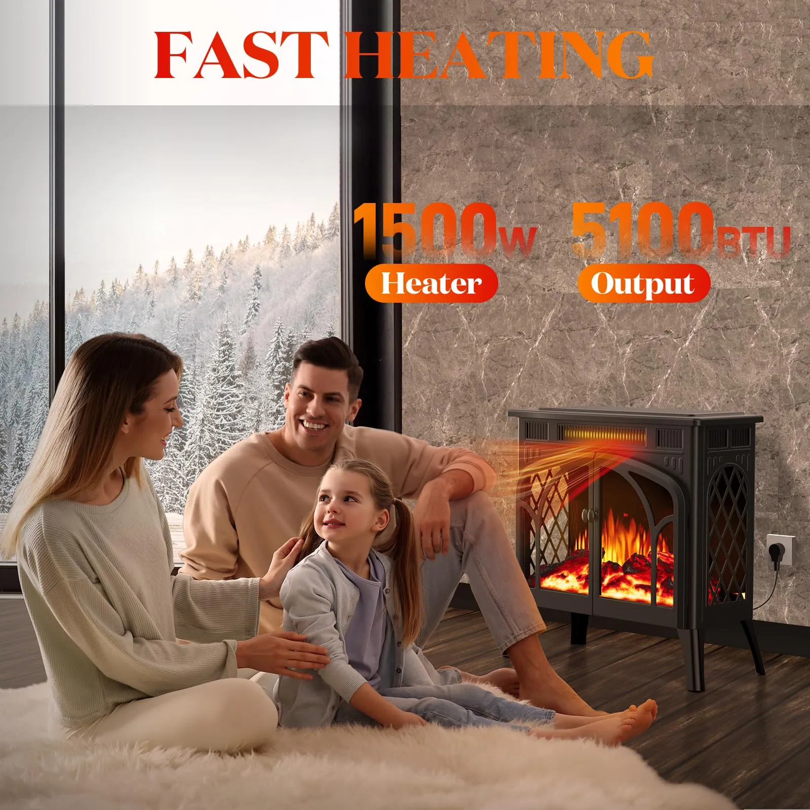 Rintuf Electric Fireplace Heater, 1500W Infrared Fireplace Stove, 5100BTU Electric Fireplace with Remote Control