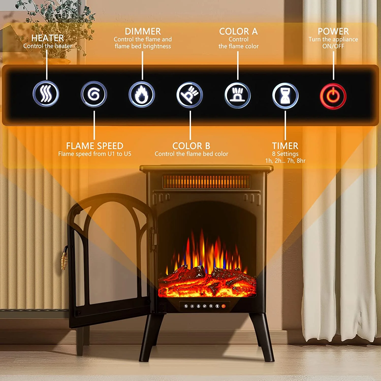 R.W.FLAME 16 Inch Electric Fireplace, Freestanding Fireplace Stove with 3D Flame Effect,