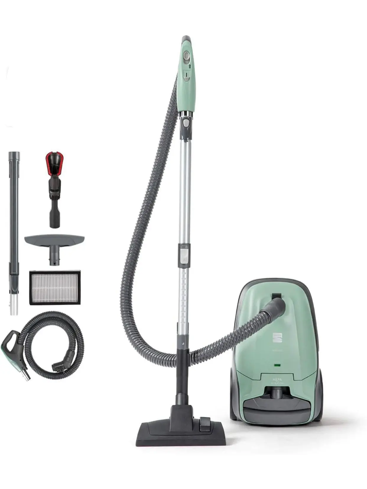 Kenmore pet friendly lightweight bagged canister vacuum cleaner with extended telescoping wand, HEPA filter, retractable cord, and 2 cleaning tools, Green