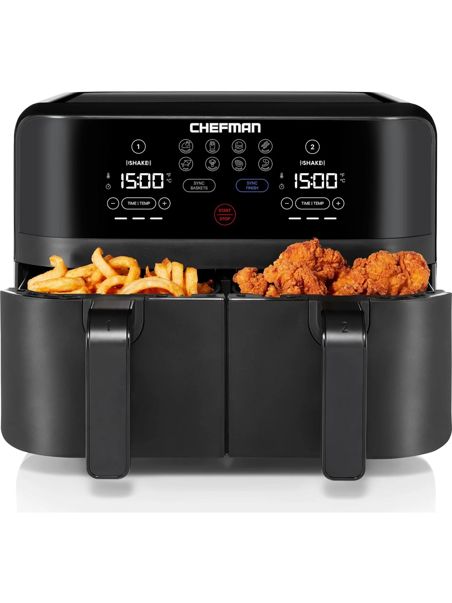 Chefman TurboFry Touch Dual Air Fryer, Maximize The Healthiest Meals With Double Basket Capacity, One-Touch Digital Controls And Shake Reminder For The Perfect Crispy And Low-Calorie Finish