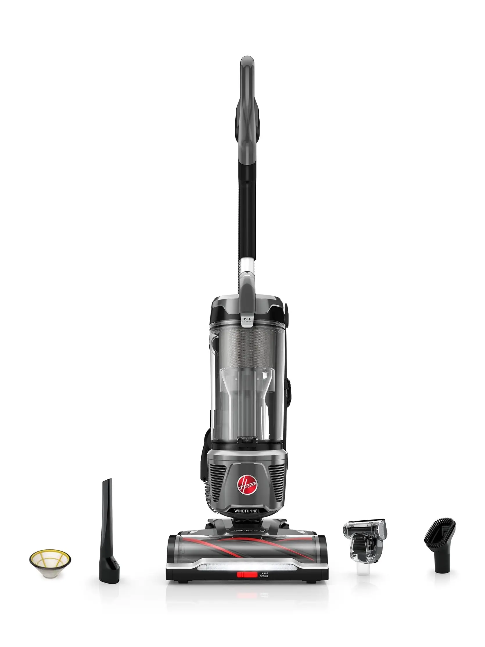 Hoover WindTunnel Tangle Guard Bagless Upright Vacuum Cleaner Machine, for Carpet and Hard Floor, Strong Suction with Anti-Hair Wrap, HEPA Media Filtration, Lightweight, UH77100V, Gray