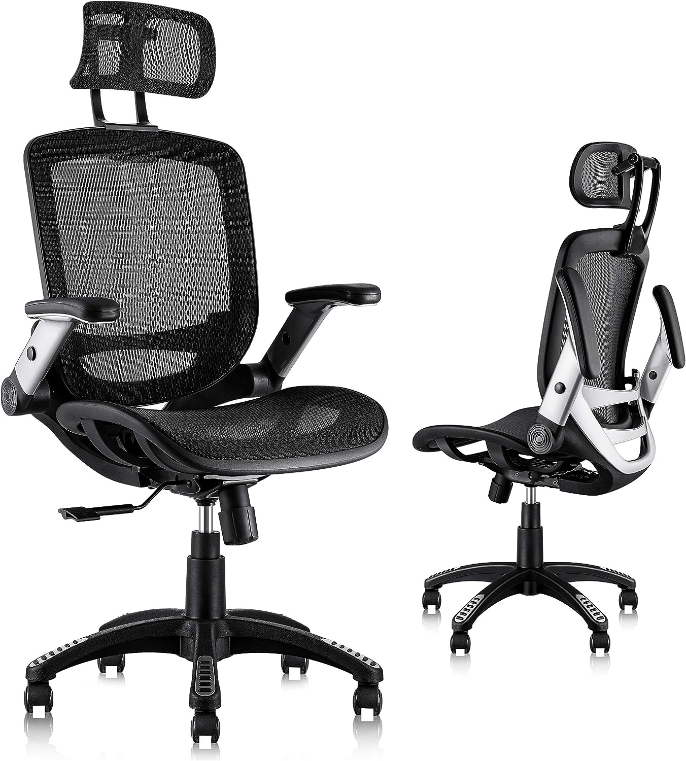 Ergonomic Mesh Office Chair, High Back Desk Chair – Adjustable Headrest with Flip Arm, Tilt Function, Lumbar Support and PU Wheels, Swivel Computer Work Chair