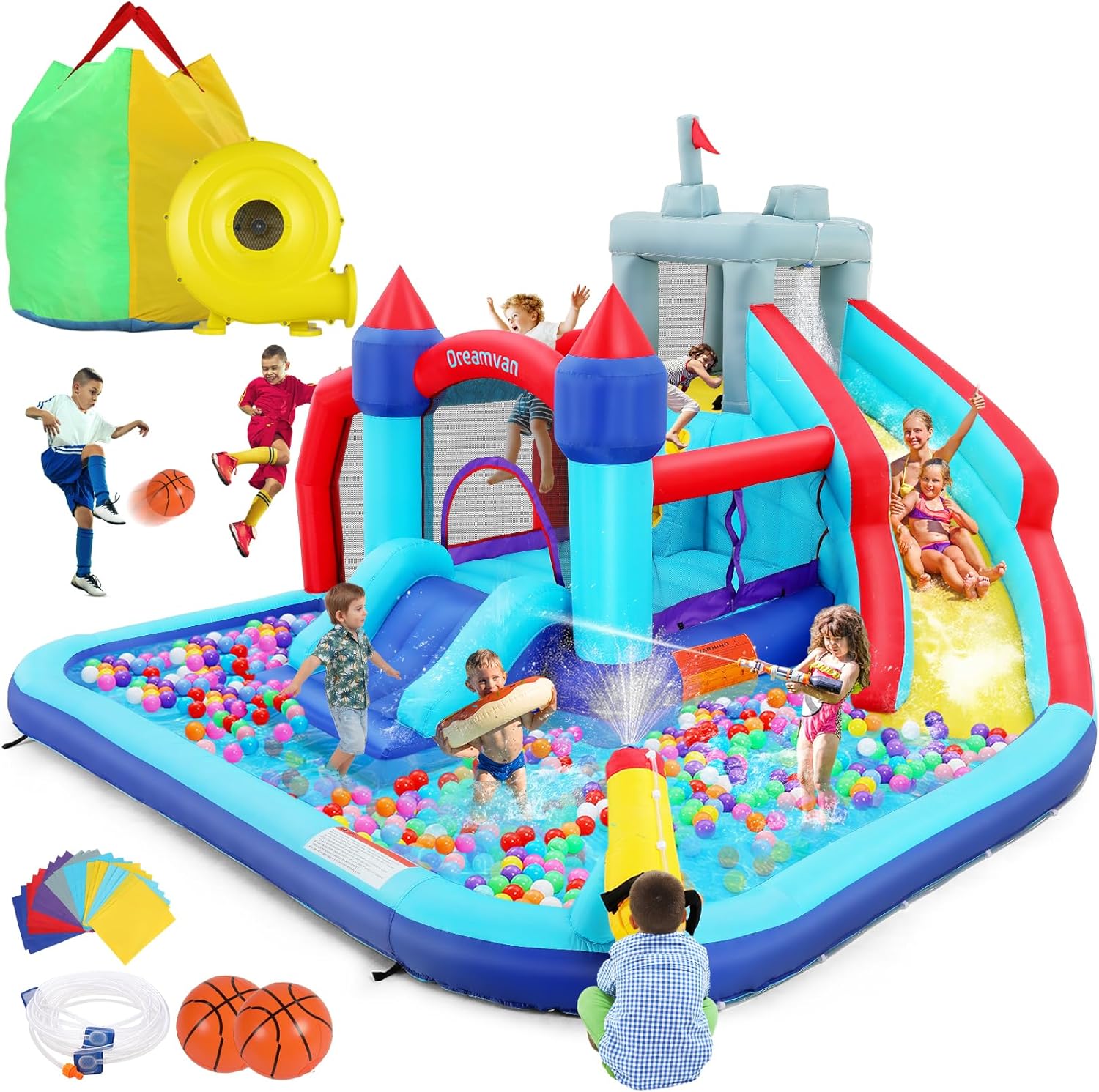 Inflatable Water Slides for Kids 8-in-1 Bounce House Water Park with 450W Blower Climbing Wall, Splash Pool, 2 Water Cannons, Basketball Hoop, Water Slide, Crocodile Sprinkler for Gift Backyard Party