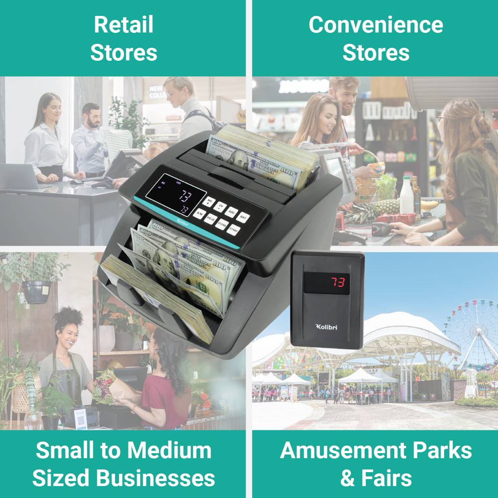 Kolibri Automatic Bill Counter with 1500 Bills/Min Speed, Advanced Counterfeit Detection, LED Display, Portable for Business Use