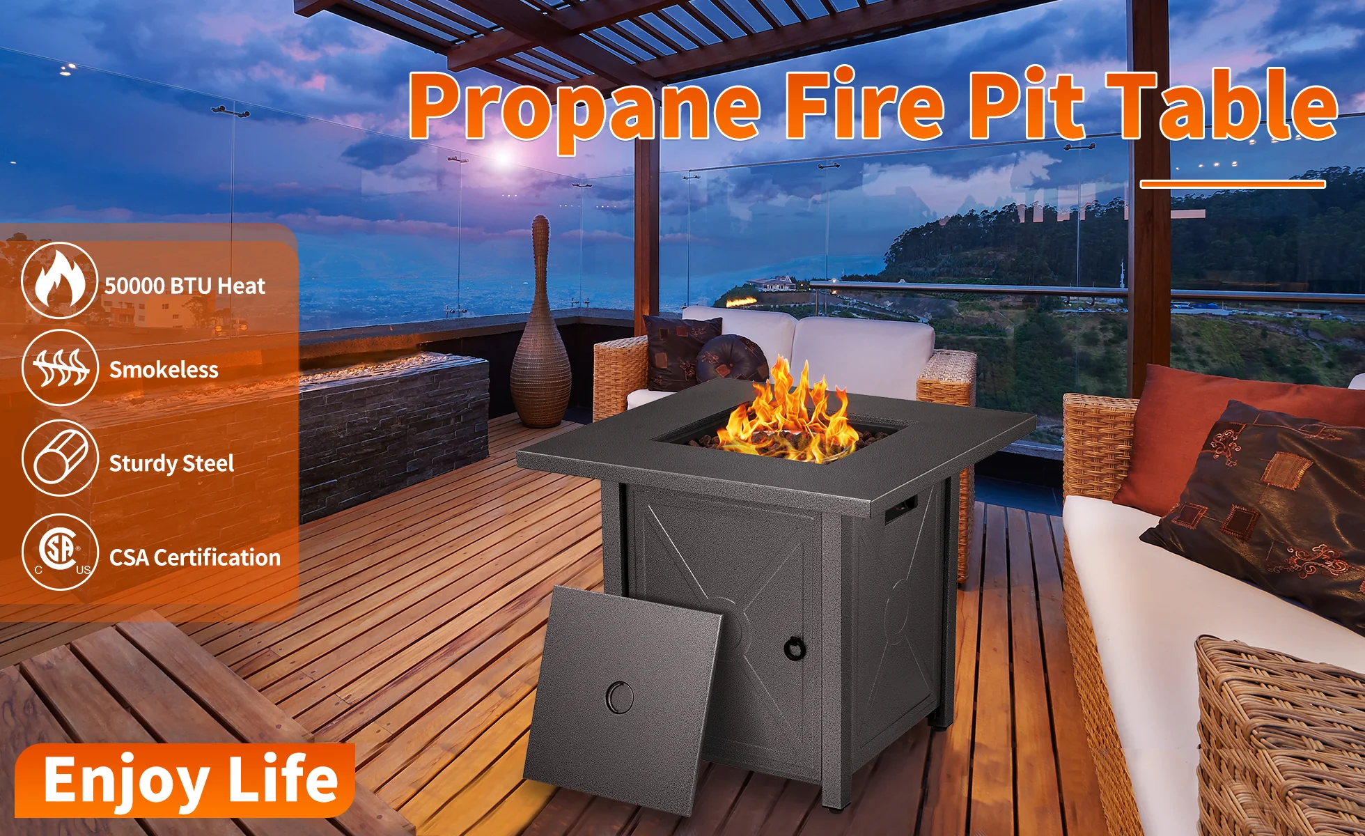 R.W.FLAME 28 inch Propane Fire Pit,2 in 1 Fire Pit Table 40,000 BTU with Glass Cover