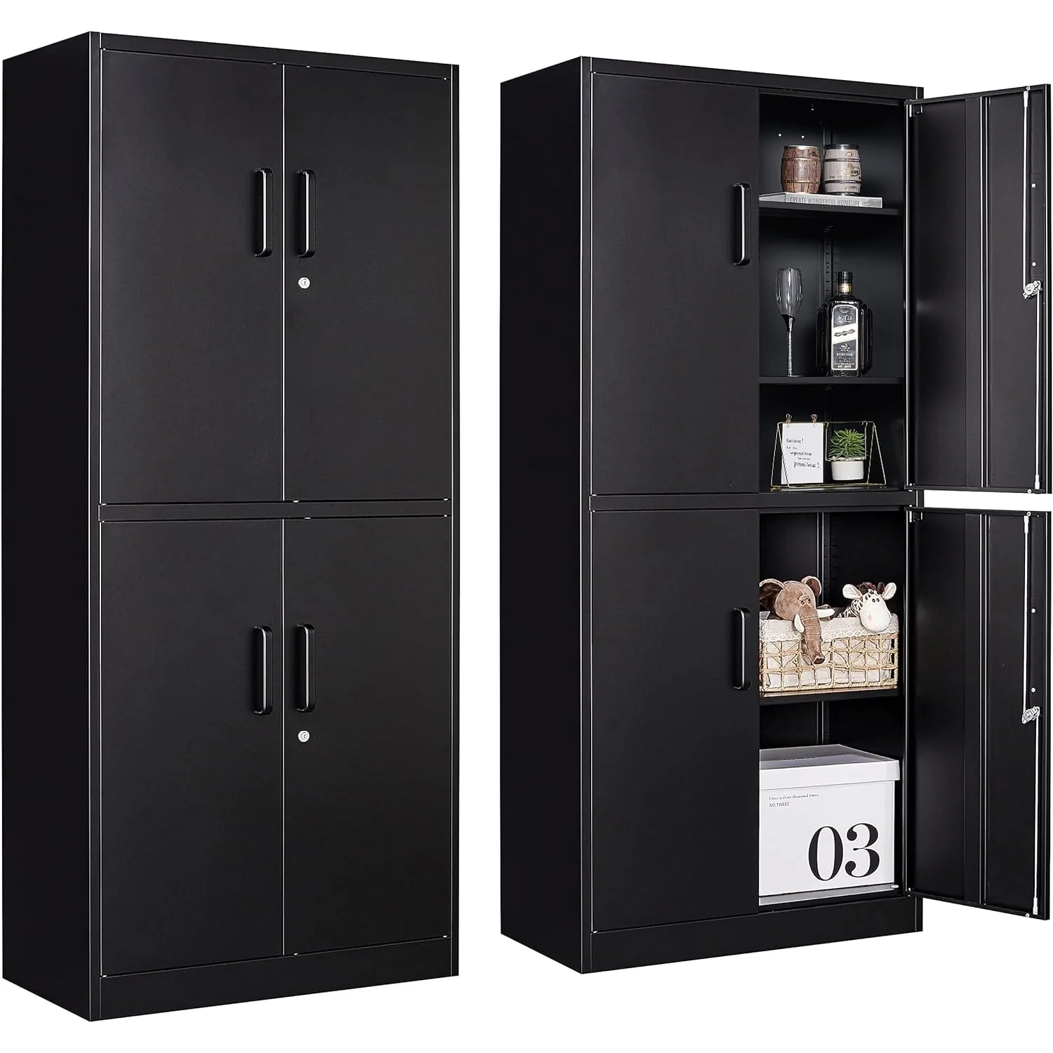 Metal Storage Cabinet with 3 Adjustable Shelves,Garage Storage Cabinet with Lock,Black Metal Cabinet with Locking Doors,Steel Cabinet 4 Doors,71