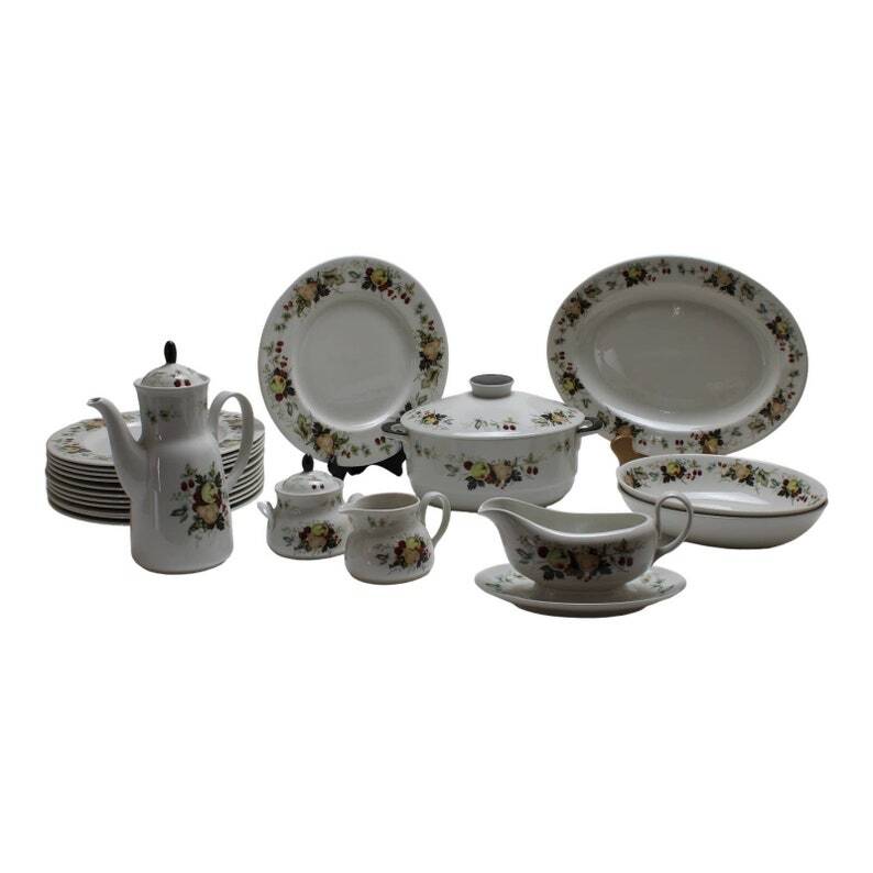 Vintage Fruit on Rim Blue Flowers China Set – 20pc Dinnerware Collection with Rare Green Knob Casserole & Teapot