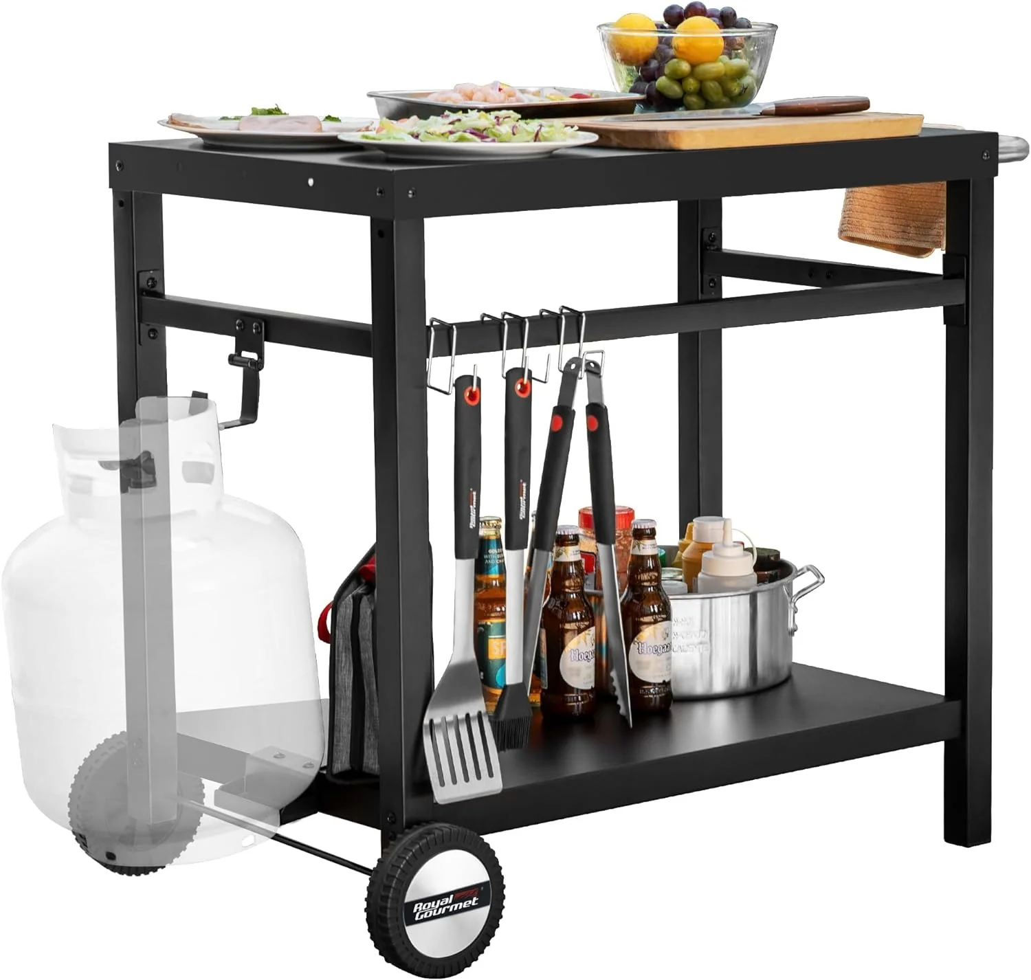 Multifunctional Dining Cart Table - Stainless Steel Flattop Grill, Hooks, Side Handle