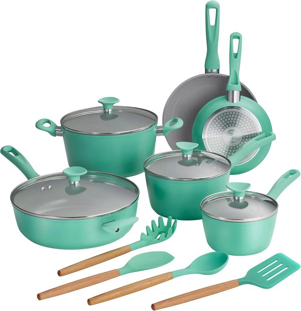 14-Piece Ceramic Cookware Set   Teal   Nonstick, Induction-Ready, Oven Safe, Dishwasher Safe, Includes Fry Pans, Sauté Pan, Sauce Pans, Dutch Oven, and Wooden Utensils, 80110/036DS