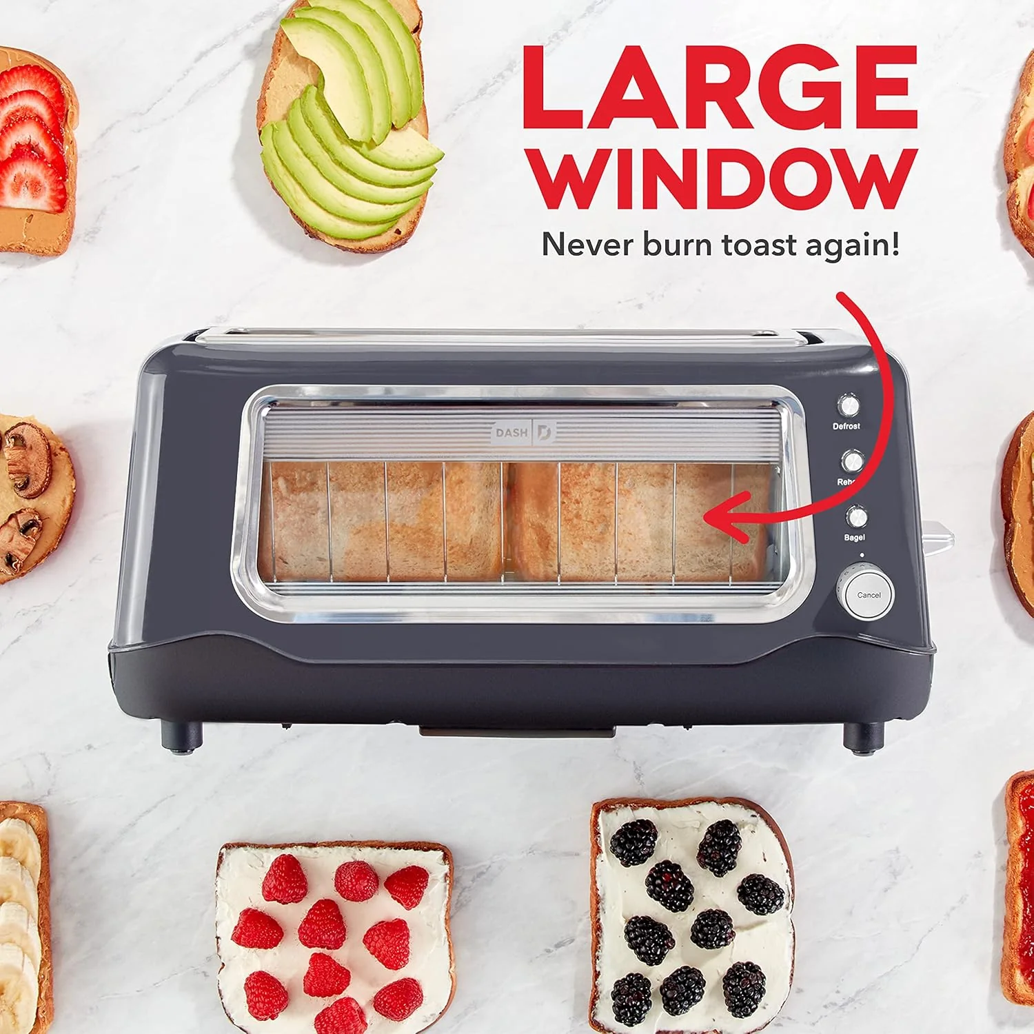 DASH Clear View Toaster: Extra Wide Slot Toaster with See Through Window - Defrost, Reheat + Auto Shut Off Feature for Bagels, Specialty Breads & other Baked Goods - Grey