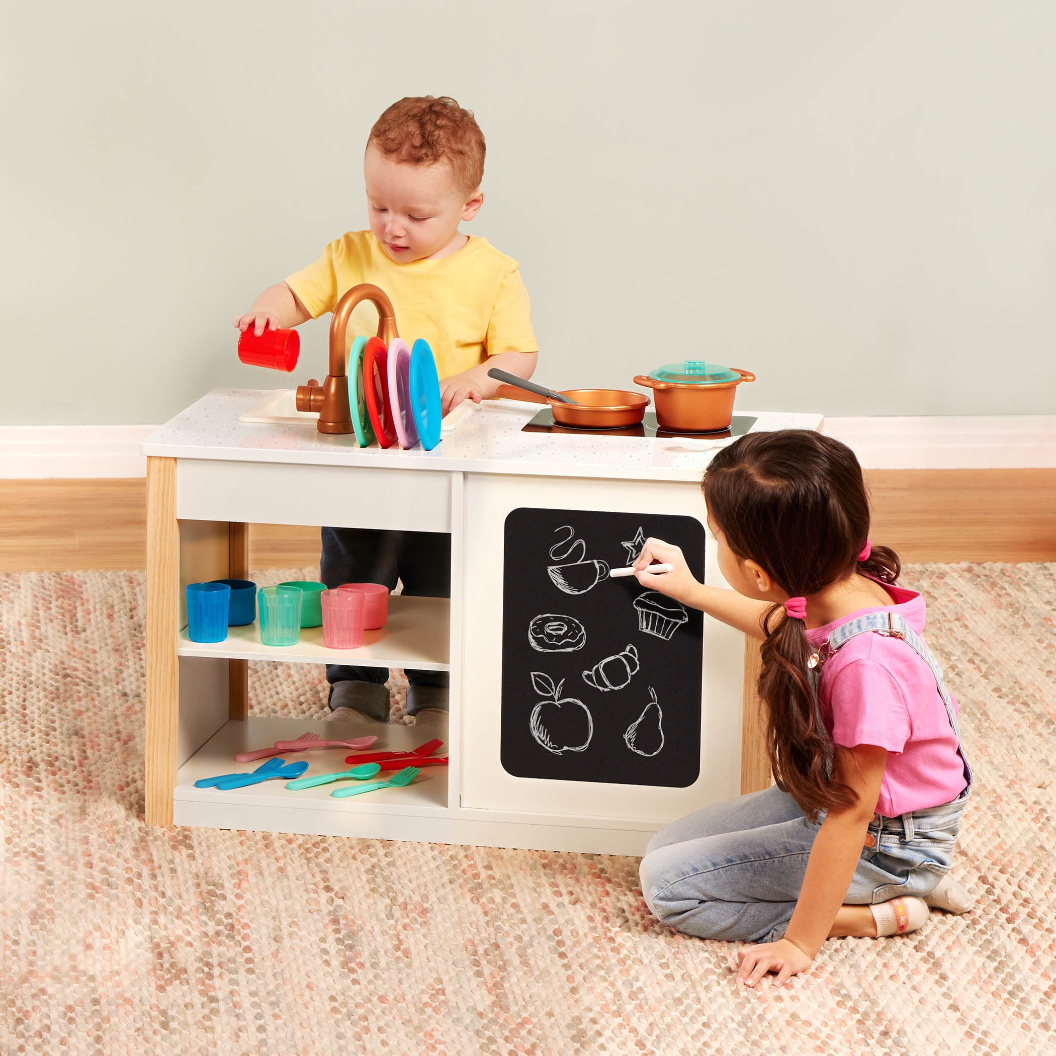 Battat Two n' One Wooden Kitchen Café with Dishes and Chalkboard, Toddler and Preschool Toys