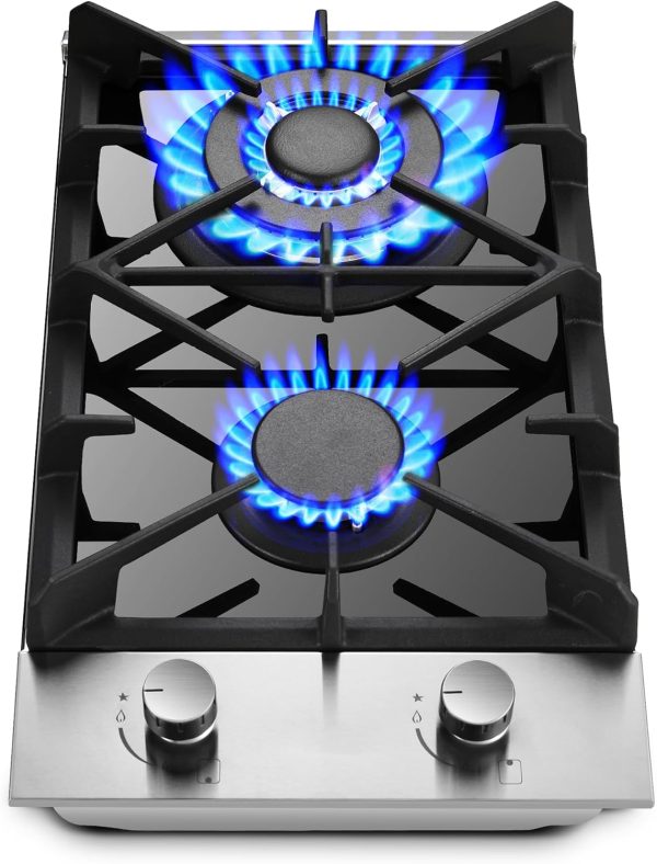 2 Burner Propane Gas Cooktop, 12 inch LPG/NG Dual Fuel Built-in Gas Stove Top, Black Tempered Glass Gas Stove, Gas Hob for Apartment, Outdoor, RV, With Thermocouple Protection