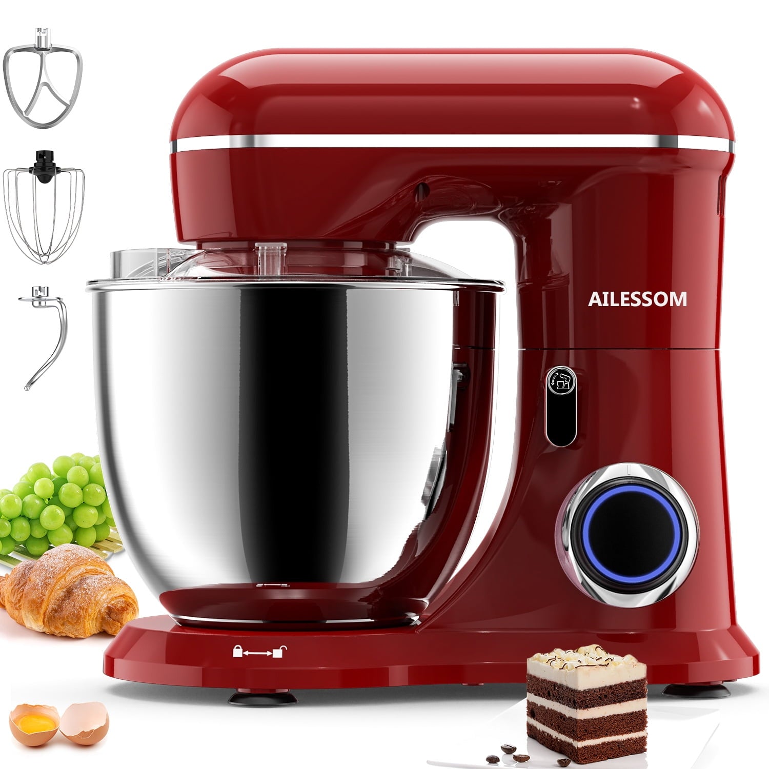 Ailessom New Stand Mixer,6-QT 10-Speed Tilt-Head Kitchen Electric Mixer with Bowl, Dough Hook, Beater, Whisk for Most Home Cooks, (Empire Red）