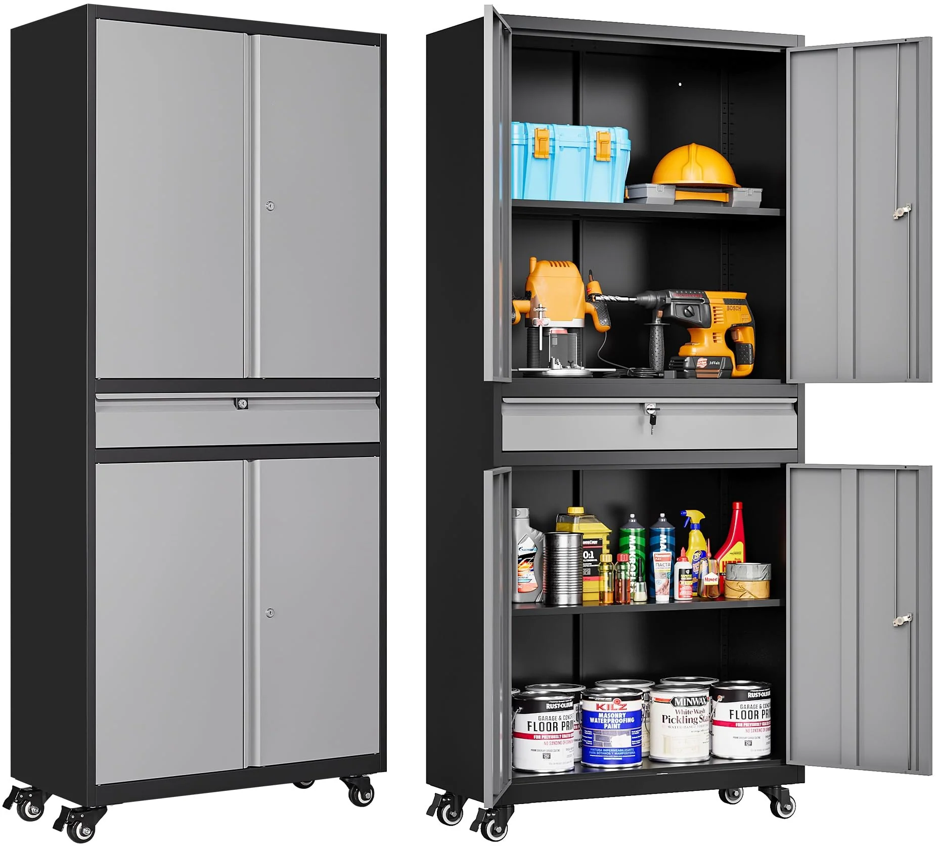 Metal Garage Storage Cabinet with 4 Wheels and 1 Drawer,Gray Rolling Garage Cabinet with Locking Doors and Adjustable Shelves,73