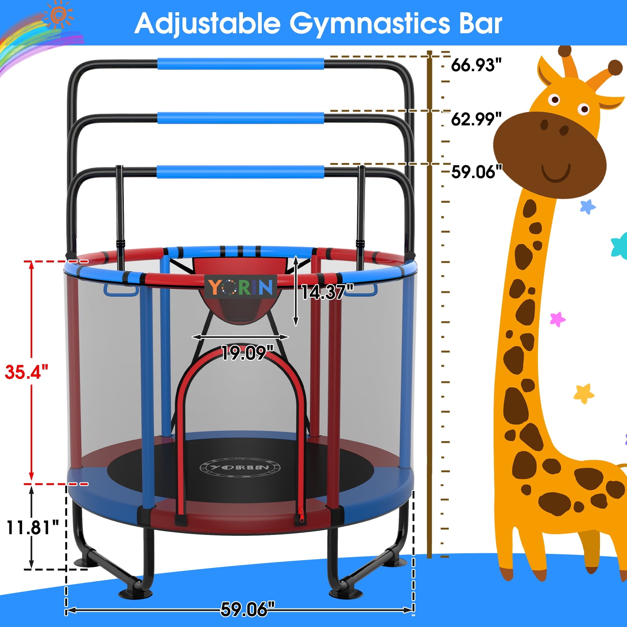 YORIN Trampoline for Kids, 60'' Toddler Mini Trampoline with Enclosure Net, Basketball Hoop, 5FT Indoor/Outdoor Kids Trampoline with Swing, Adjustable Gymnastics Bars, Gifts for Boys & Girls, 600LBS