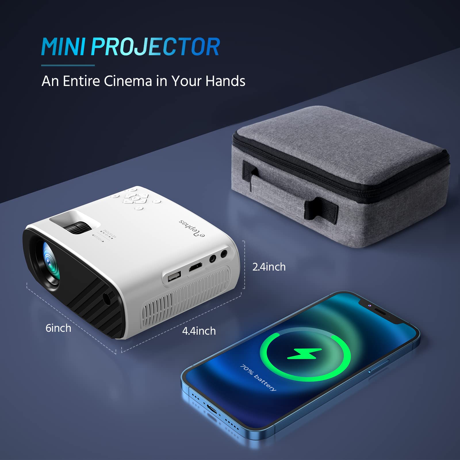 ELEPHAS Mini HD Projector 2023, 1080P, Compact, iOS/Android/Windows Compatible, Includes Carry Bag & Tripod