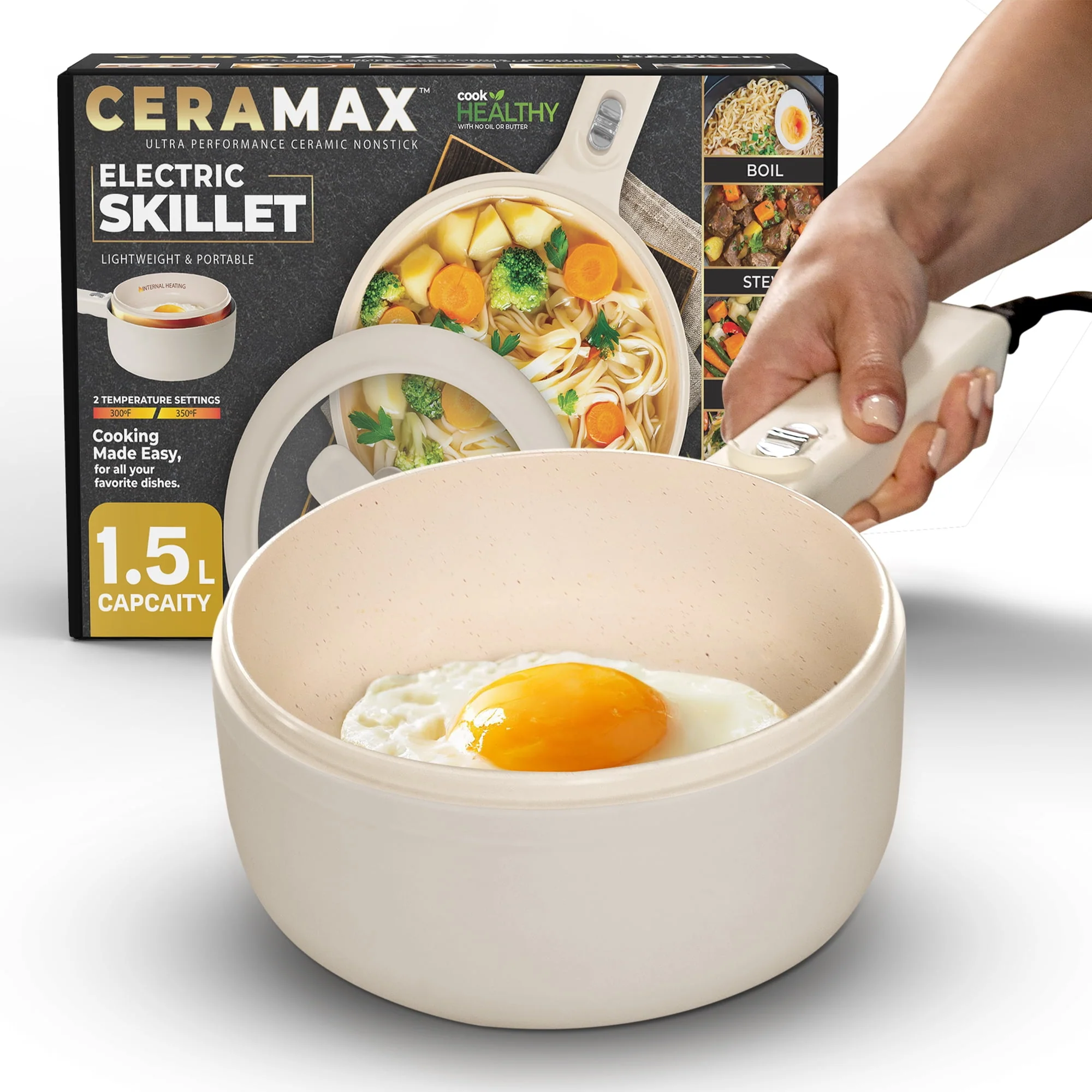 Ceramax Electric Hot Pot 1.5L Nonstick Ceramic Skillet Pan 800W Mini Cooker with Lid Steamer for Frying Eggs Ramen, Cream White