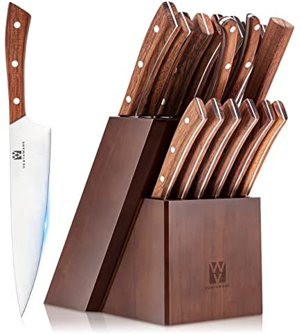 Vestaware Knife Set, 16-Piece Chef Knife Set with Knife Sharpener, Stainless Steel Kitchen Knives Set with Wooden Block, 6 Steak Knives and Bonus Scissors