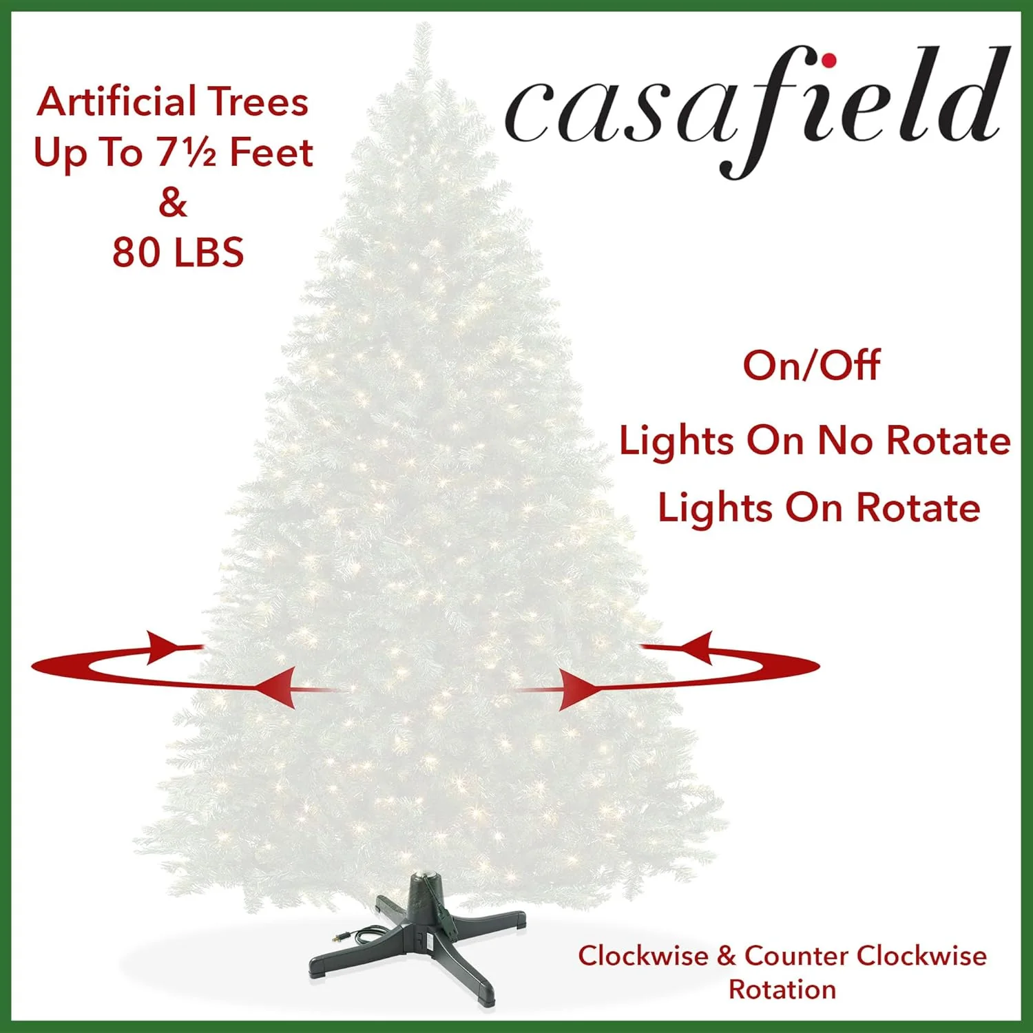 Casafield 360-Degree Rotating Christmas Tree Stand - Adjustable Revolving Base for Up to 7.5 FT Artificial Tree with 3 Built-in Electrical Outlets, Green