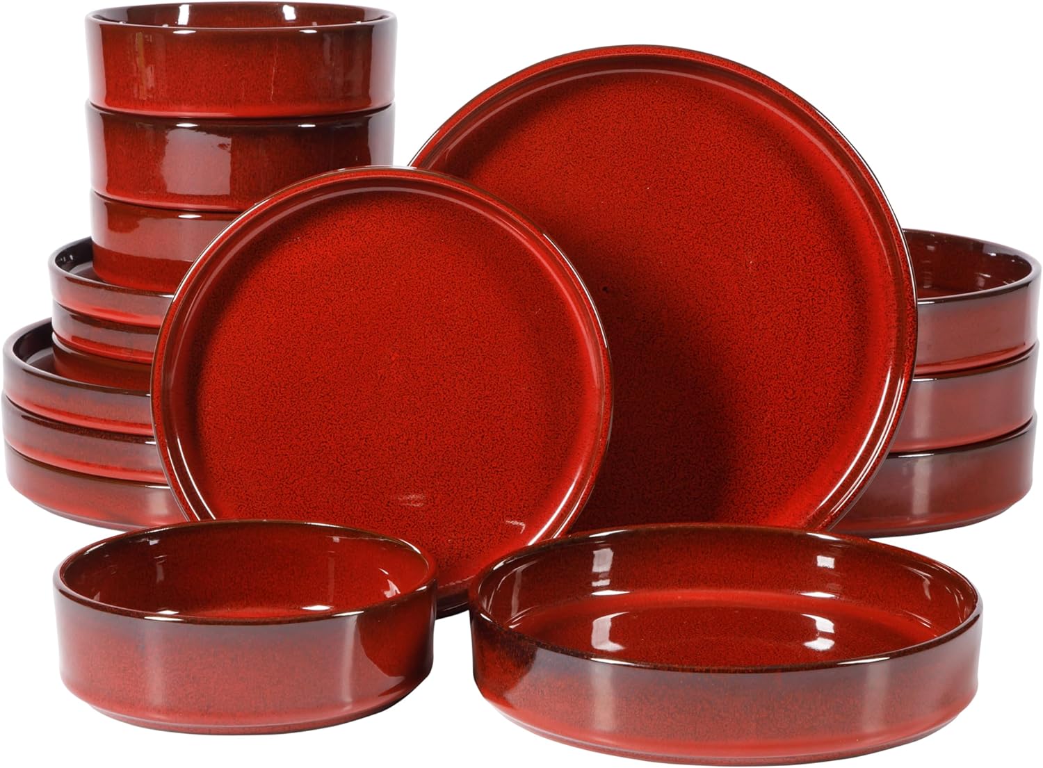Oprah's Favorite Things - Santorini Mist Double Bowl Terracotta Reactive Glaze Plates and Bowls Dinnerware Set - Garnet Red, Service for Four (16pcs)