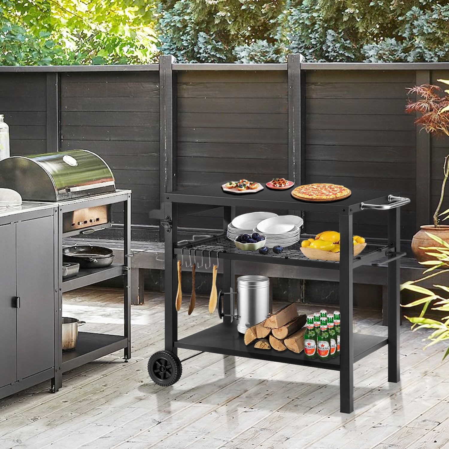 Three Shelf Grill Cart Table - Movable Outdoor Dining Cart