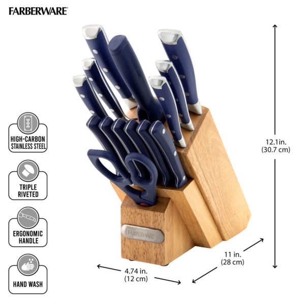 15-Piece Forged Triple Rivet Knife Block Set, Razor Sharp Kitchen Knives, Navy