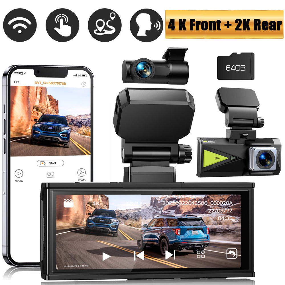 TOGUARD 4K Dash Cam with 5GHz WiFi, GPS, Night Vision, Touch Screen & 64GB Card – Front & Rear Cameras