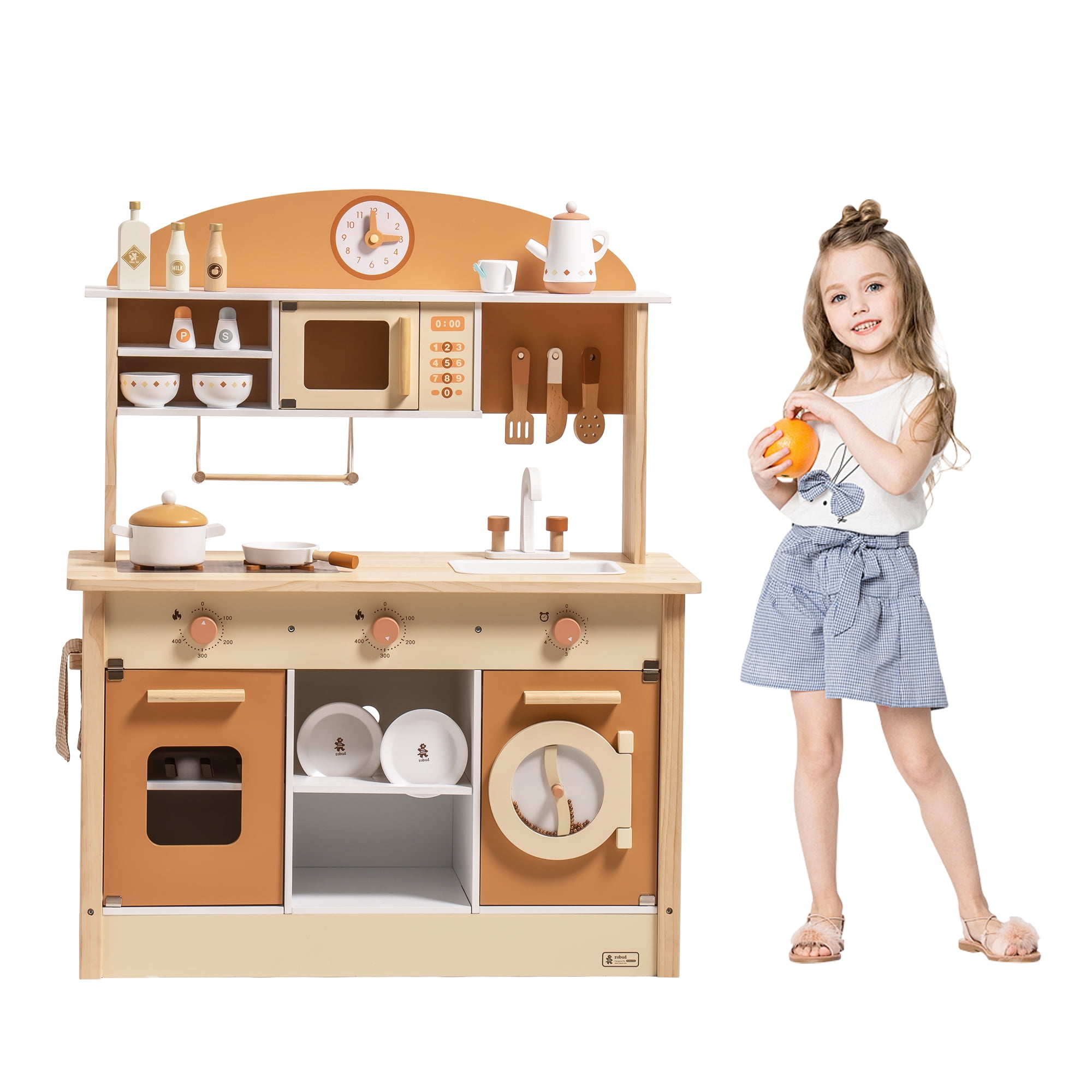 Robud Kids Wooden Kitchen Play Set Pretend Playset Toy with Play Cooker for Kids Boys Girls Age 3+,Caramel
