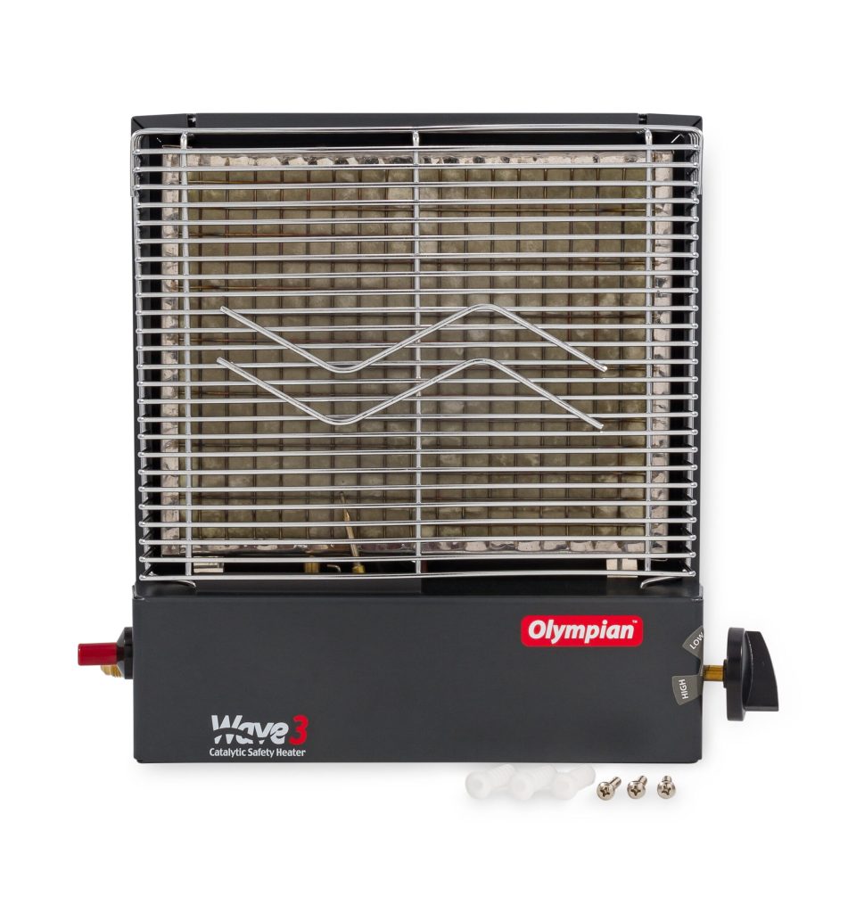 Camco Olympian Wave 3 Catalytic Heater, Self-Generating Piezo Starter, 1,600-3,000 BTUs, Heats 100 Sq Ft, Multicolor, Model 57331
