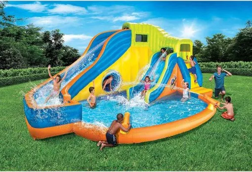 BANZAI Pipeline Twist Kids Inflatable Outdoor Backyard Water Pool Aqua Splash Park and Slides with Climbing Wall, Water Cannons, & Clubhouse, Ages 5+