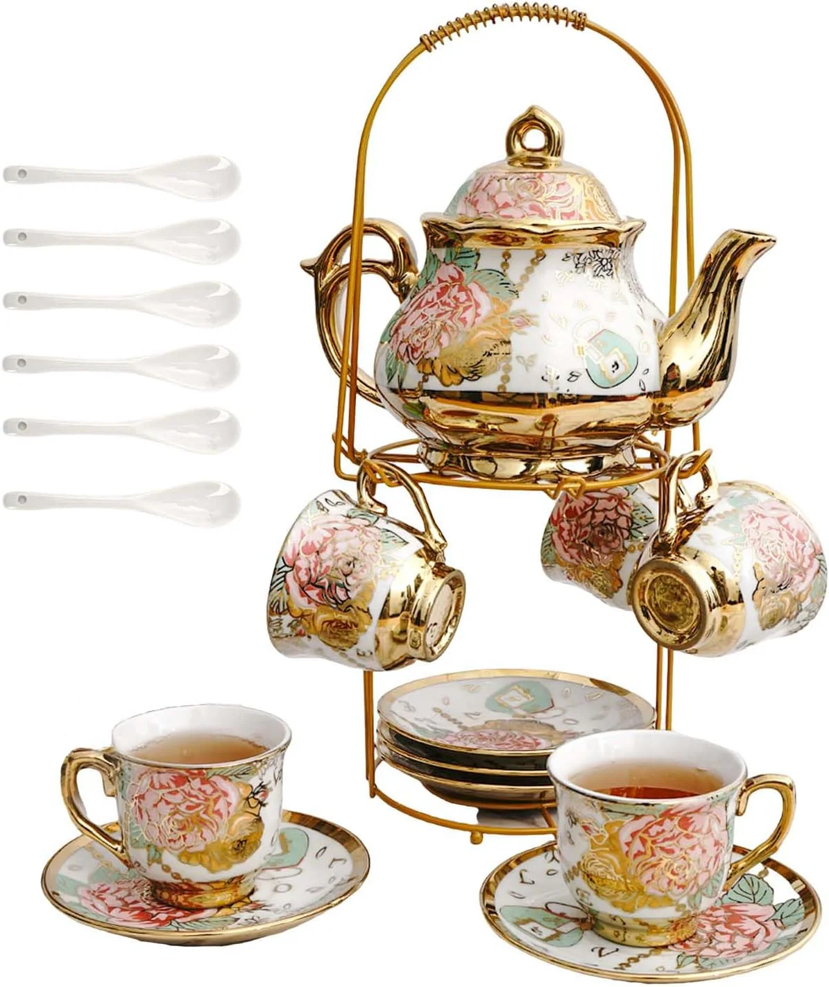 20 Pieces European Vintage Ceramic Tea Set with Metal Cup Holder, Adult Tea Set, Women's Afternoon Tea Set (golden rose, medium)
