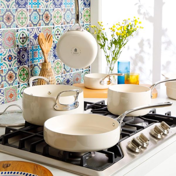 12 Piece Aluminum Pots and Pans Cookware Set w/Non-toxic Ceramic Non-stick, Ceramic Steamer Insert, 12 Protective Care Bags Oat White