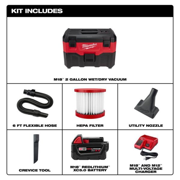 0880-20-48-59-1850 M18 18-Volt 2 Gal. Lithium-Ion Cordless Wet/Dry Vacuum with M18 XC 5.0 Ah Starter Kit