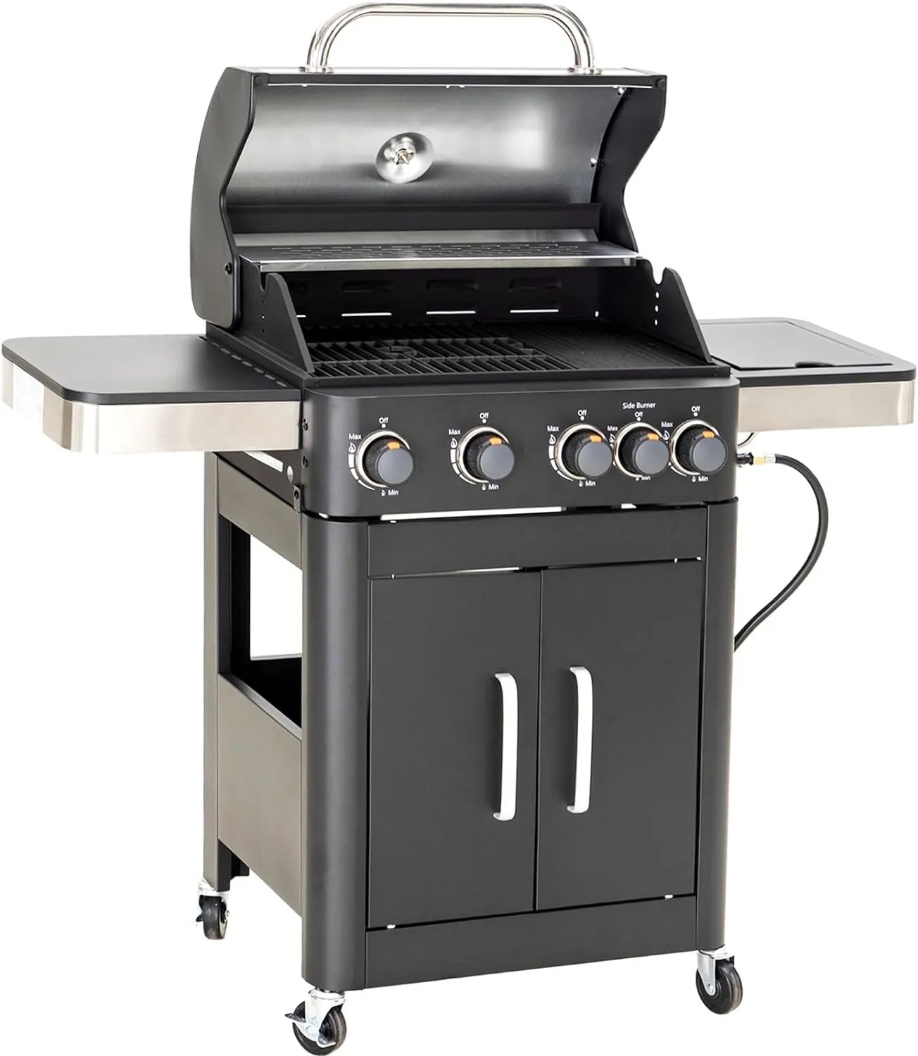 Burner Gas grill with side burner and enameled cast iron grille 42,000BTU outdoor cooking stainless steel propane grill 橱柜式 Garden grill, silver