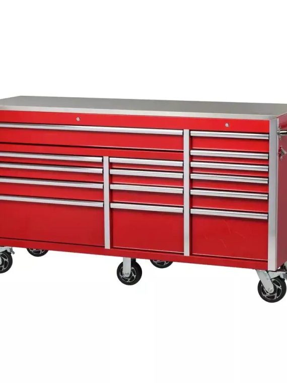 Heavy-Duty 72 in. W x 24 in. D 15-Drawer Tool Chest Mobile Workbench with Stainless Steel Top and Dual Locks in Red
