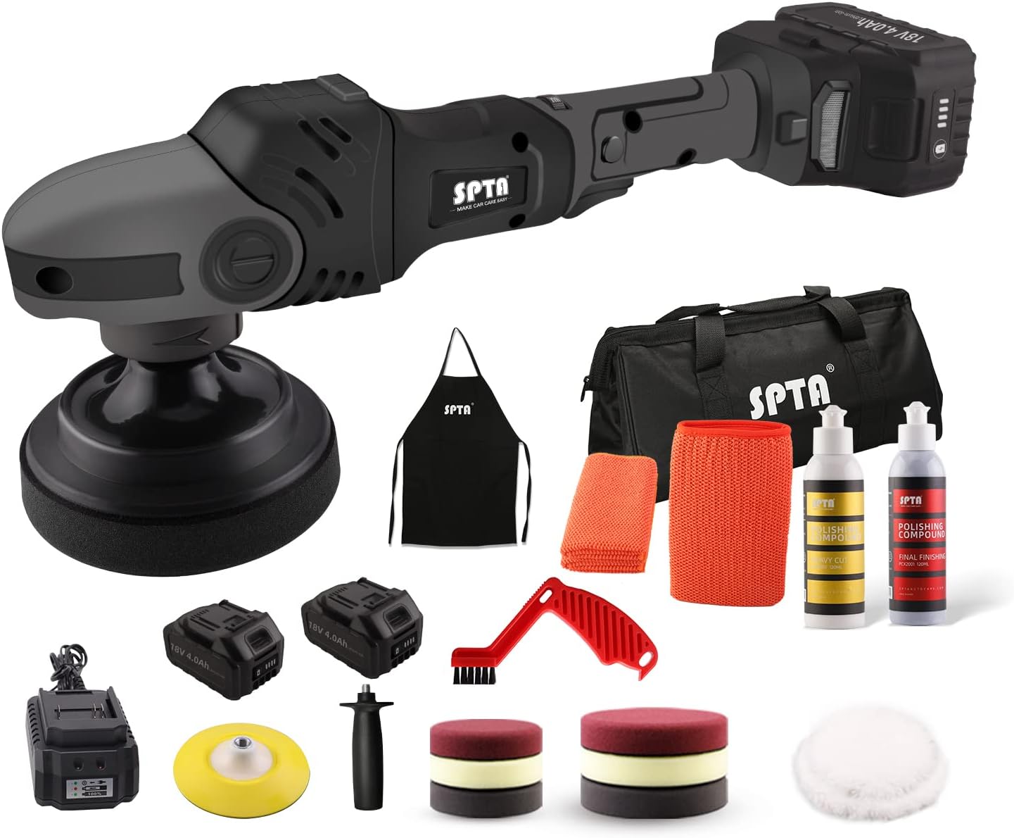 SPTA 18V Cordless Car Polisher Kit, 15mm Orbit, 2000-4800 RPM, 7-Speed, 2 Batteries, 6 Pads, Tool Bag Included