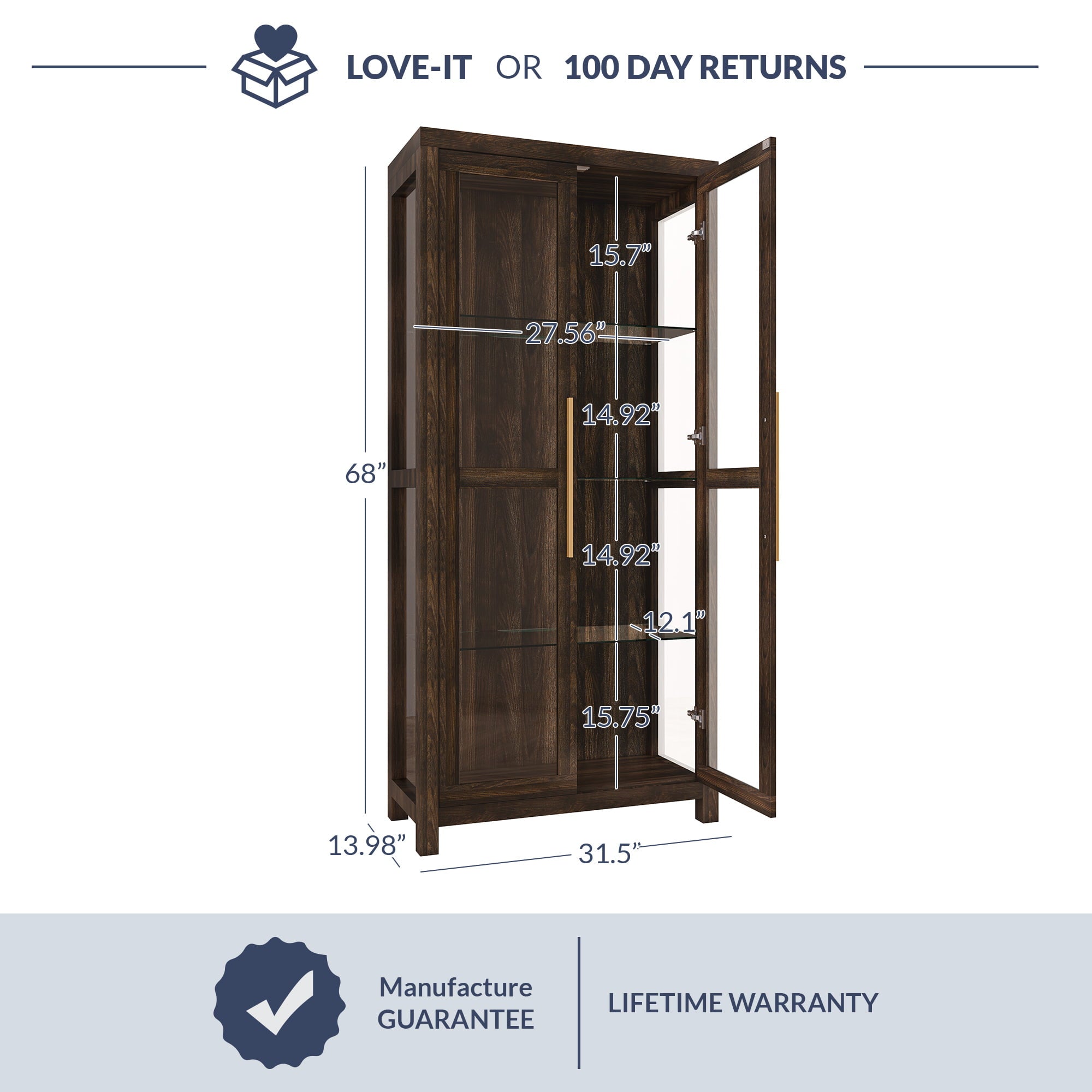 BELLEZE Storage Cabinet, Tall Bookshelf or Display Cabinet For Living Room Bedroom, Curio Cabinet with Tempered Glass Doors, Trophy Display Case, Storage/Organization – Avalon (Dark Walnut)