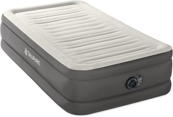18 Inch Twin Size TruAire Luxury Air Mattress with Fiber Tech and Built in Electric Pump for Home and Room Essentials, Grey