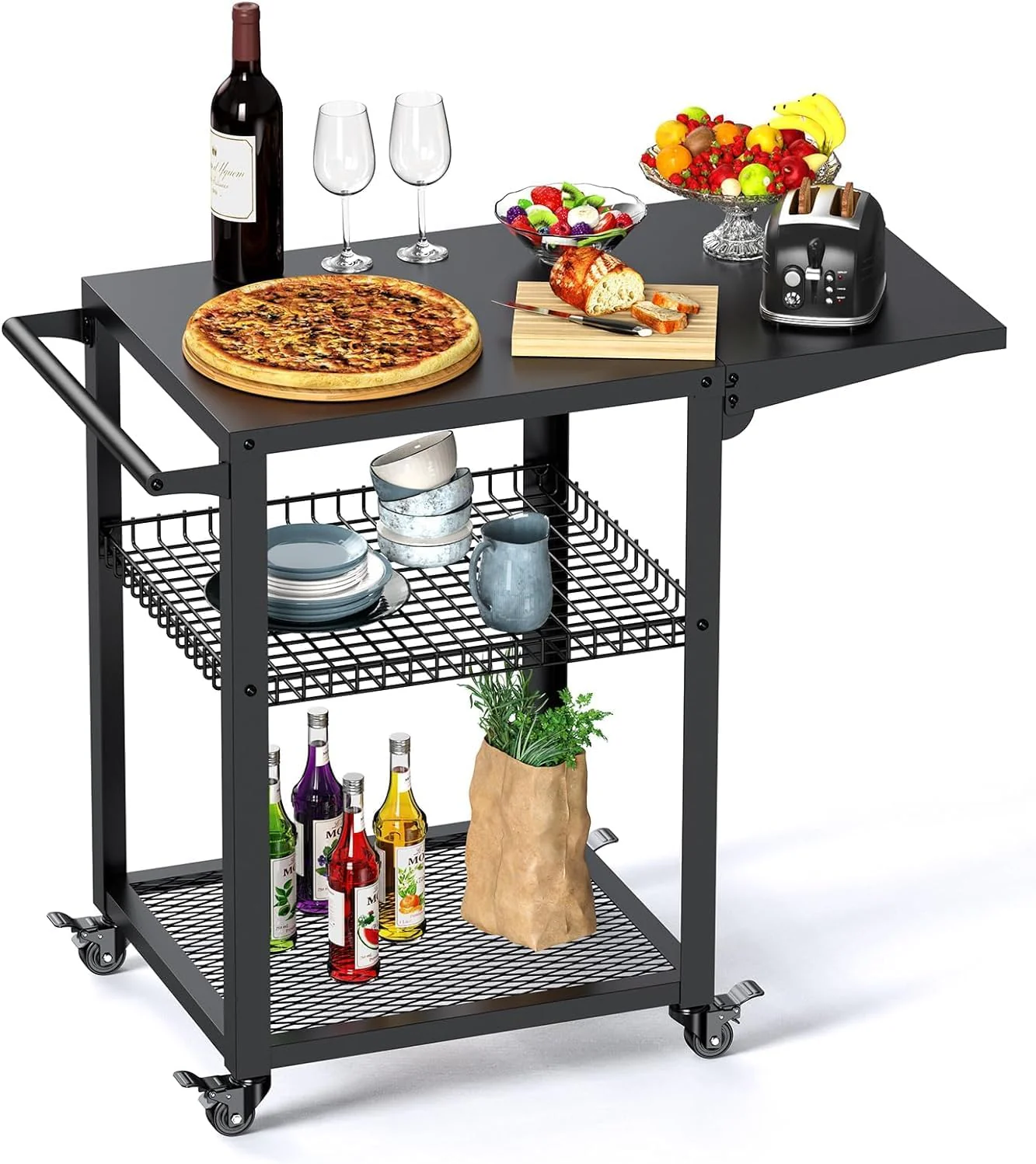 Outdoor Pizza Oven Cart Double-Shelf Movable BBQ Grill Table