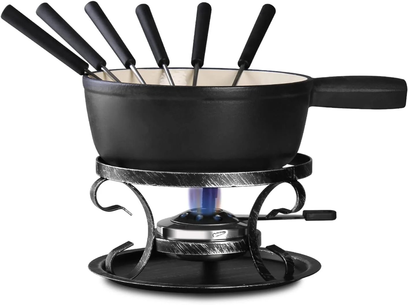 Artestia Swiss Traditional Cast Iron Cheese Fondue Pot Set, Campimg Fondue Set for Cheese, Meat & Chocolate (Blue)
