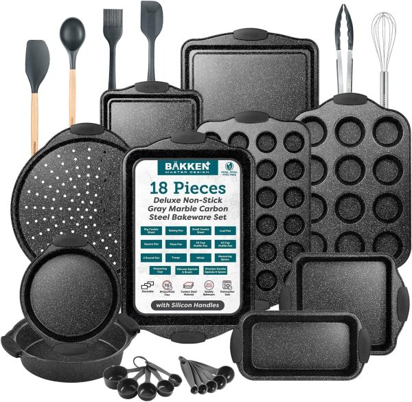 18-Piece Kitchen Oven Baking Set: Nonstick Gray Marble Coating, Carbon Steel Bakeware, Silicone Handles, Dishwasher Safe, Professional Quality, PFOA-Free