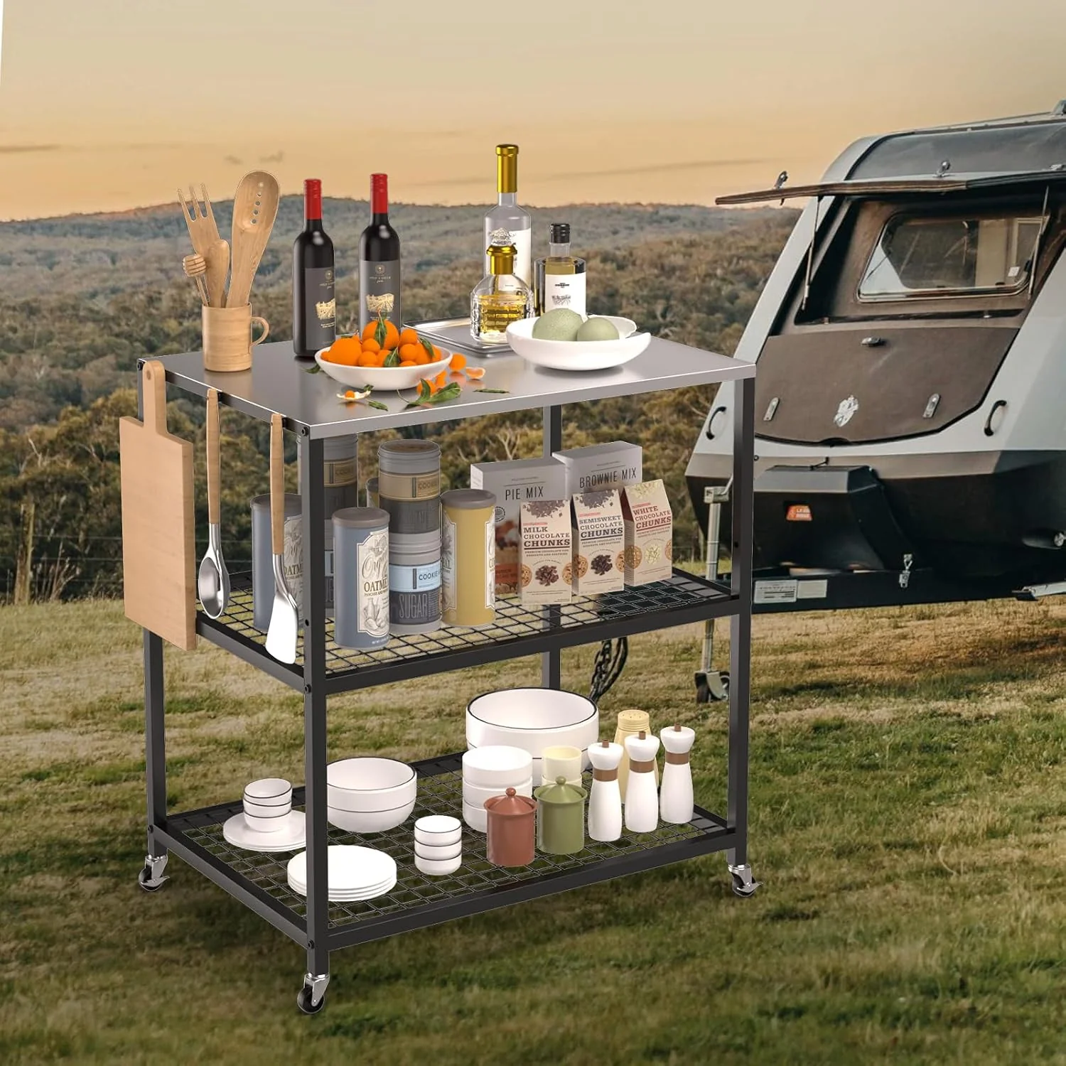 Outdoor Grill Cart with Wheels - Three-Shelf Stainless Steel Pizza Oven Stand