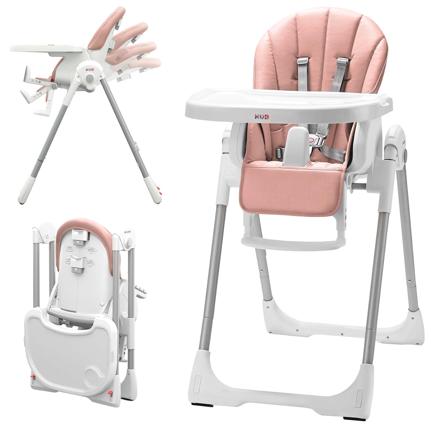 JBG Foldable Baby High Chair, Grey Faux Leather, Adjustable Height & Recline, Removable Tray, Locking Wheels, 5-Point Harness
