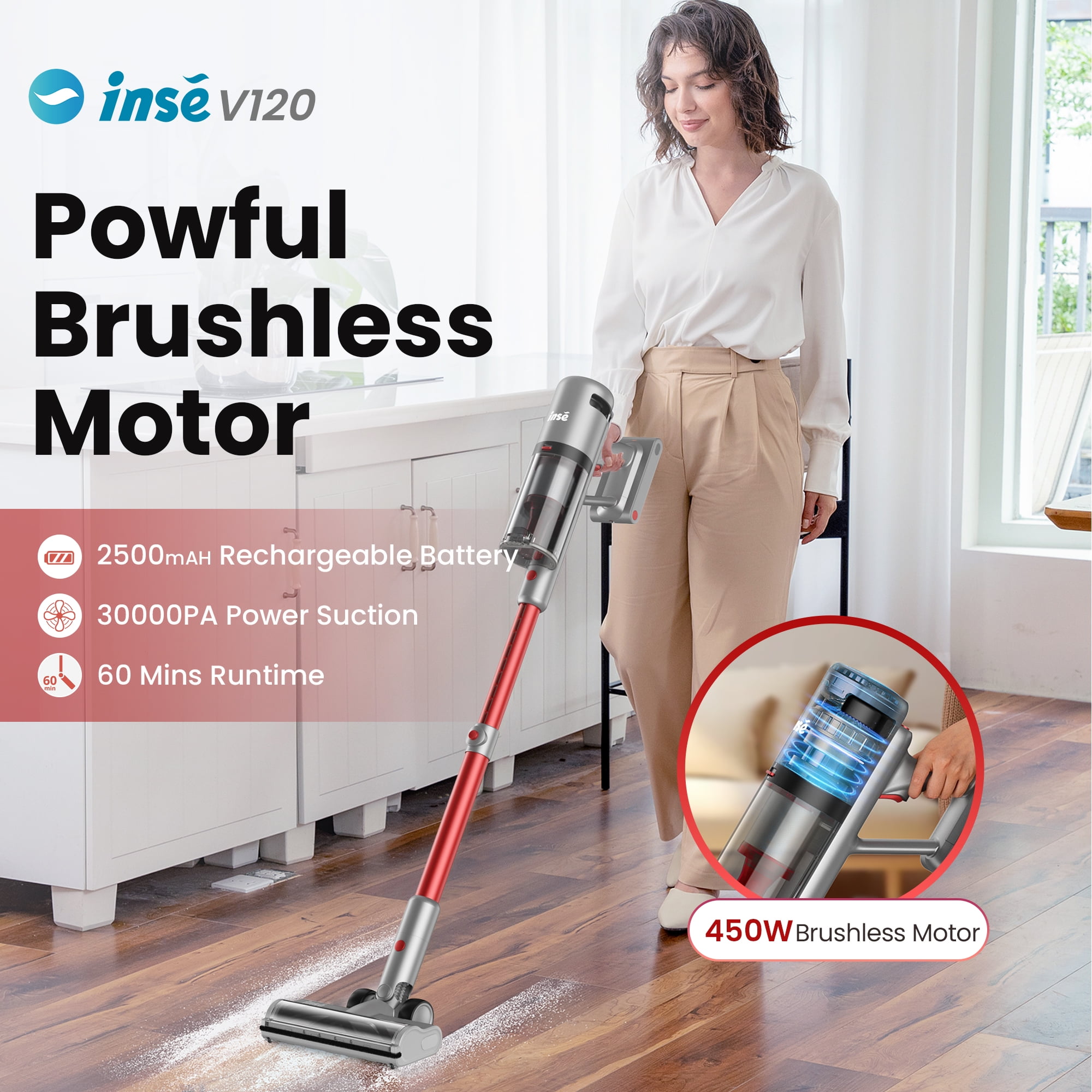 INSE Vacuum Cleaner, 30000Pa Cordless Stick Vacuum for Carpet Hardfloors Pet Hair,  V120-2024 NEW