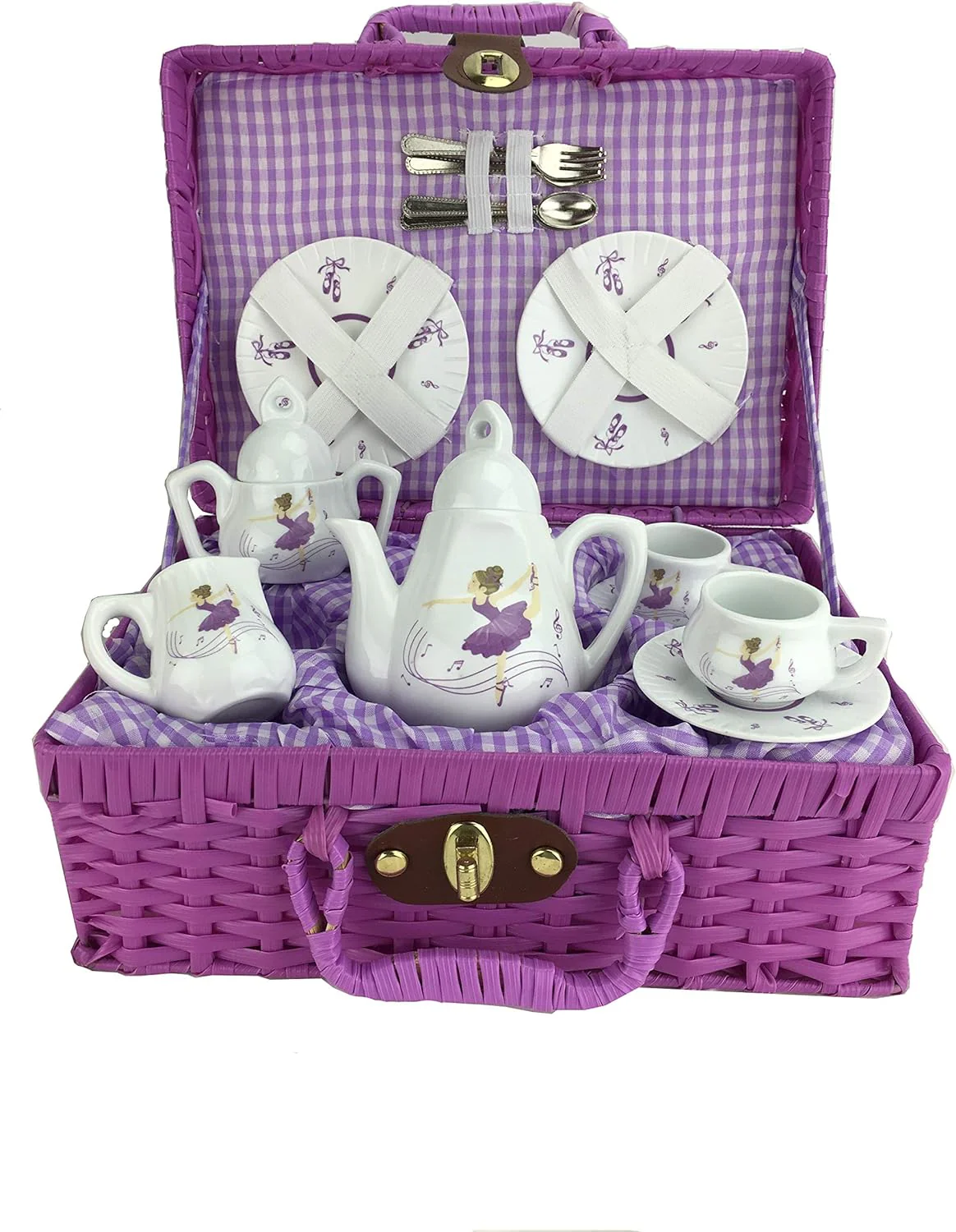 Porcelain Tea Set in Basket, Purple Dancer