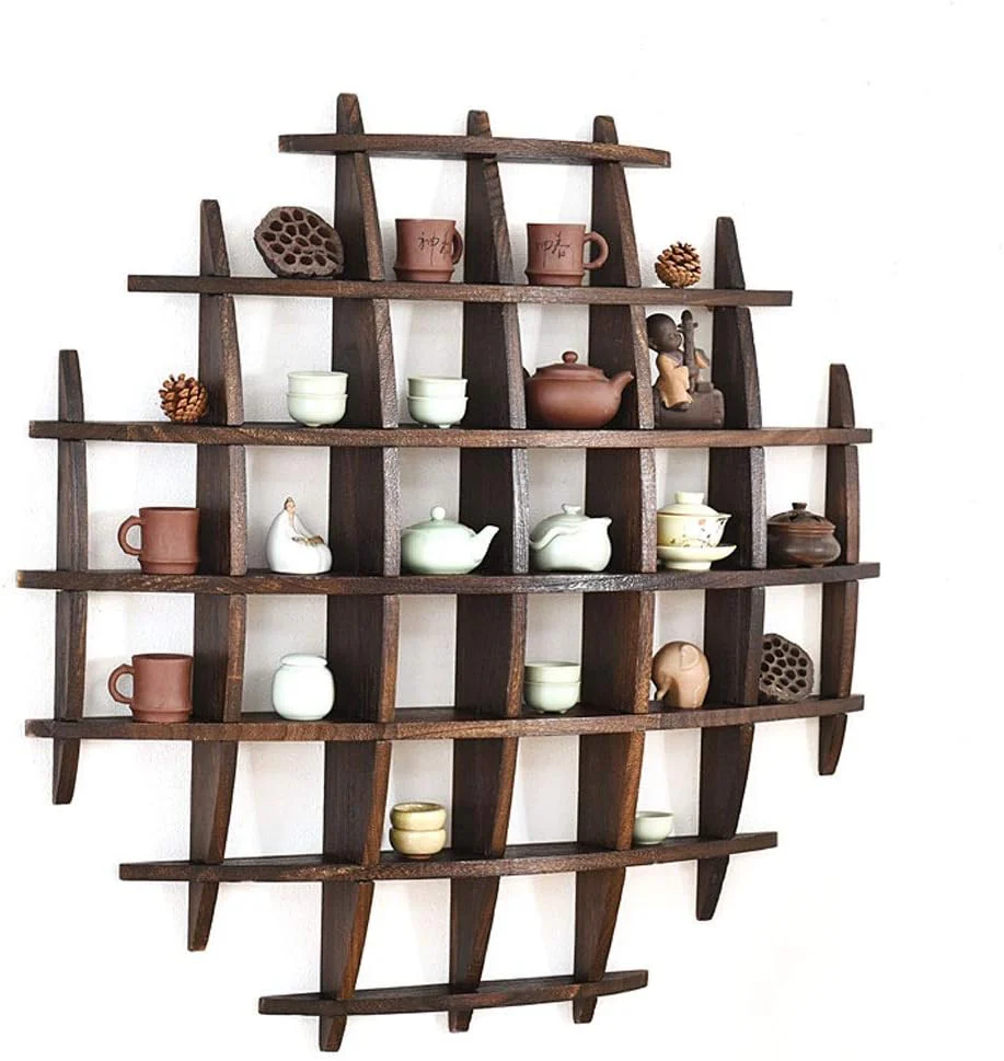 JIU Solid Wood Tea Cup Holder Wall Decoration Tea Set Display Stand Vintage Multi-Color Teapot Rack (Size : A)